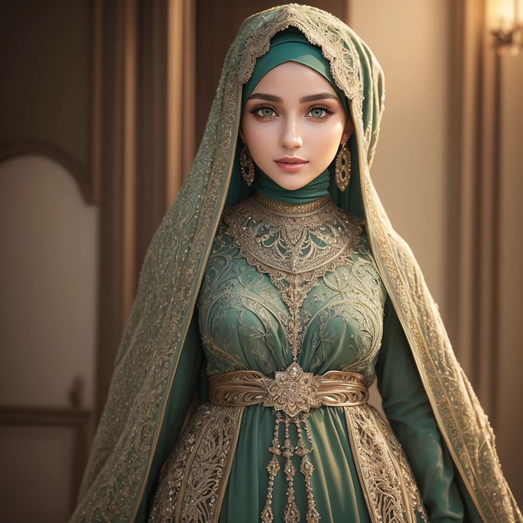Best quality, Realistic, Photorealistic, extremely detailed, An extremely delicate and beautiful, RAW photo, 4K, 8K, Professional lighting, Dynamic lighting, light in face, Depth of field, solo focus, full body, flawless beauties,A 18-year-old female, Green eyes, Smaller head, Fashion girl, Beautiful eyes, Large breasts, Real face, Real skin, Realistic face, Realistic skin, Detailed eyes, Detailed facial features, detailed hijab, detailed clothes feature, (fashionable attire:1.3), (intricate fashion hijab: 1.3) dynamic poses, Detailed face, pretty smile, cowboy shot