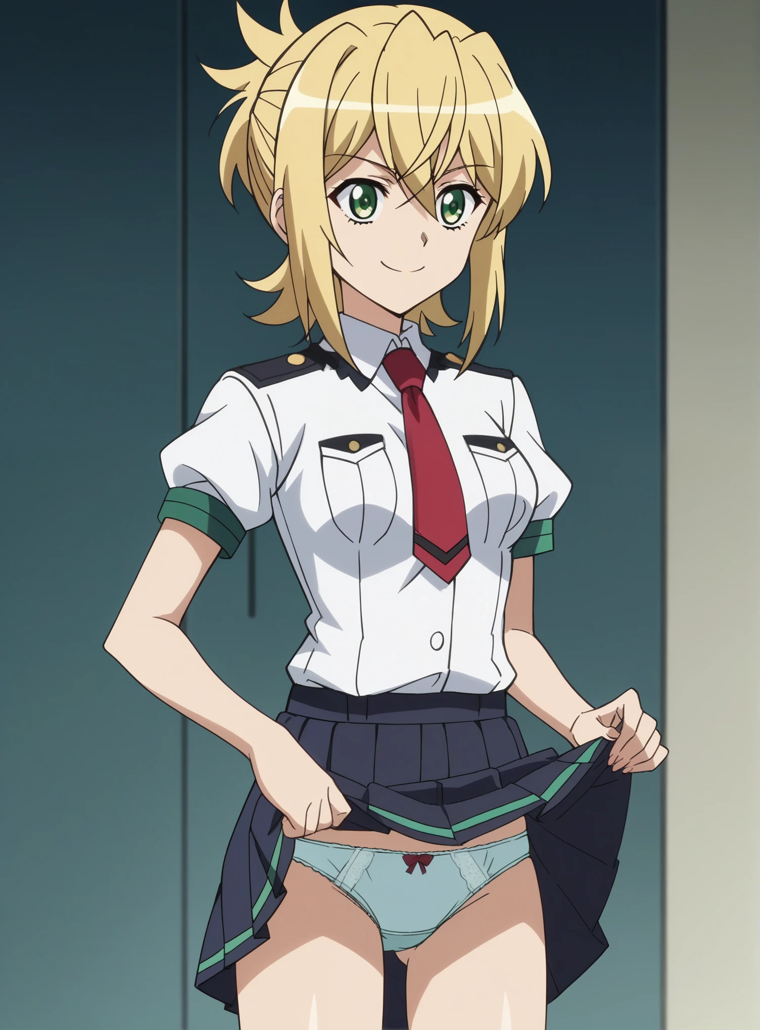 , score_9, score_8_superior, score_7_superior, score_6_superior, score_5_superior, score_4_superior, Break Source_anime, masterpiece , anime screencap, Kirigo Akatsuki, Blonde, One girl, alone, Green Eyes, View your viewers, Medium breast uniform, Pleated skirt, white_shirt, Red tie smile v, No sleeve ,((panties)), Skirt Lift