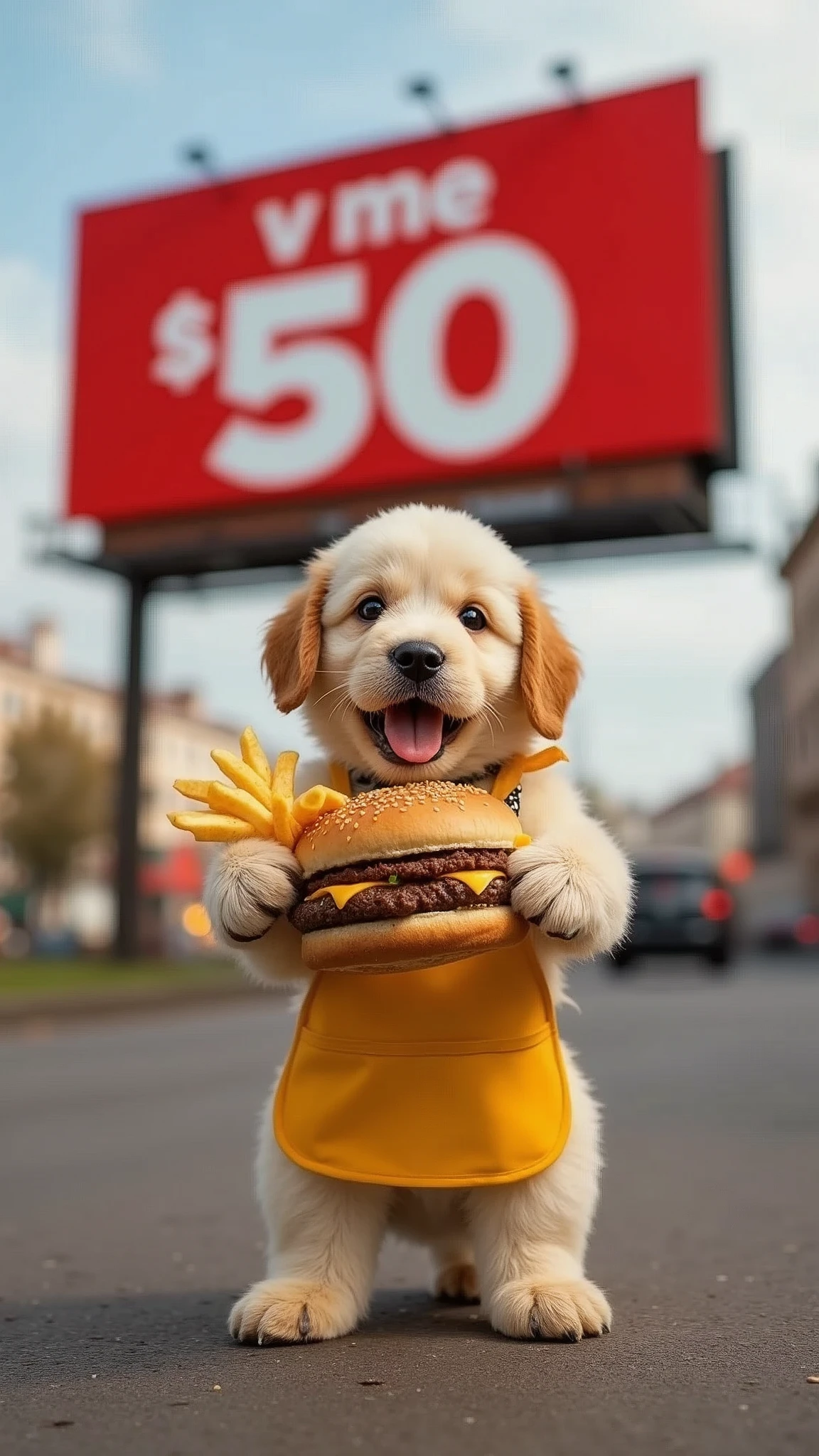 Cute puppy holding hamburger and french fries，Wearing an apron，The billboard behind it reads &quot;KFC v me 50&quot;，clear