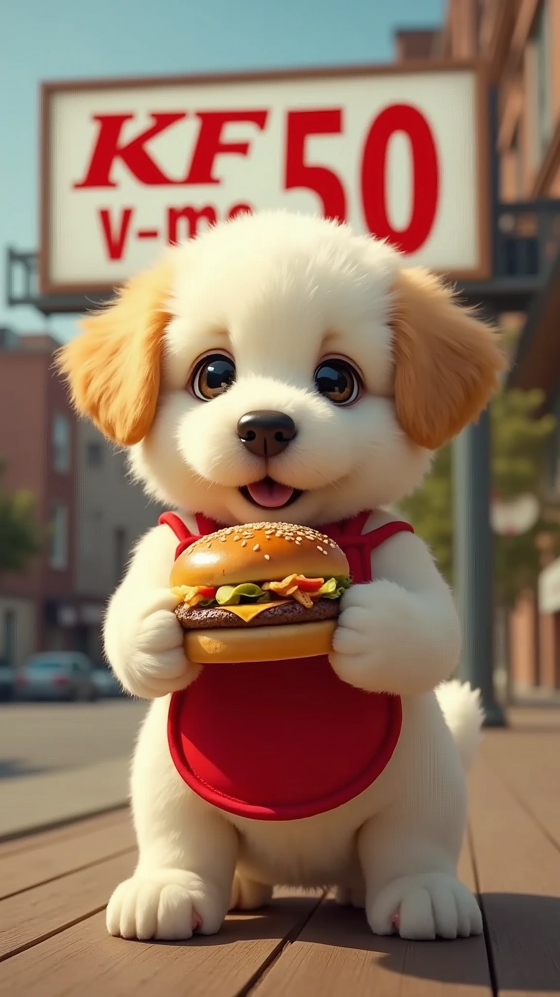 Cute puppy holding hamburger and french fries，Wearing an apron，The billboard behind it reads &quot;KFC v me 50&quot;，clear