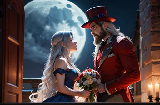 couple, A man gives a bouquet to a woman, Gazing at each other,The man is muscular and has a beard and dark hair and a red suit and a red top hat.,BREAK, The woman is beautiful and has silver hair and long hair and a blue dress,Medieval castle balcony,Cloudy moon,night