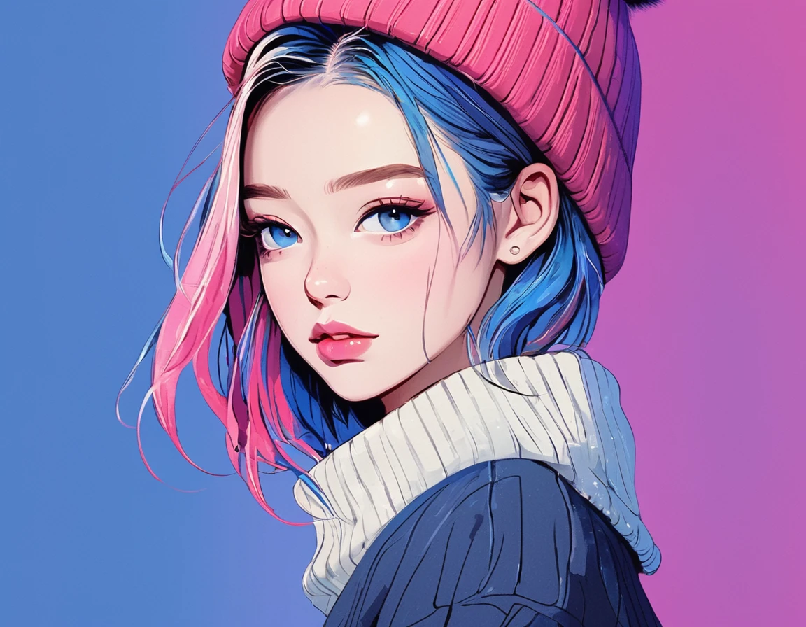 illustrator, anime , realistic ,sketch , 1 girl, ,lip, sweater,order, Blue gradient background, neon hair,Textured trim, Canadian, (masterpiece,Best quality) ganyou