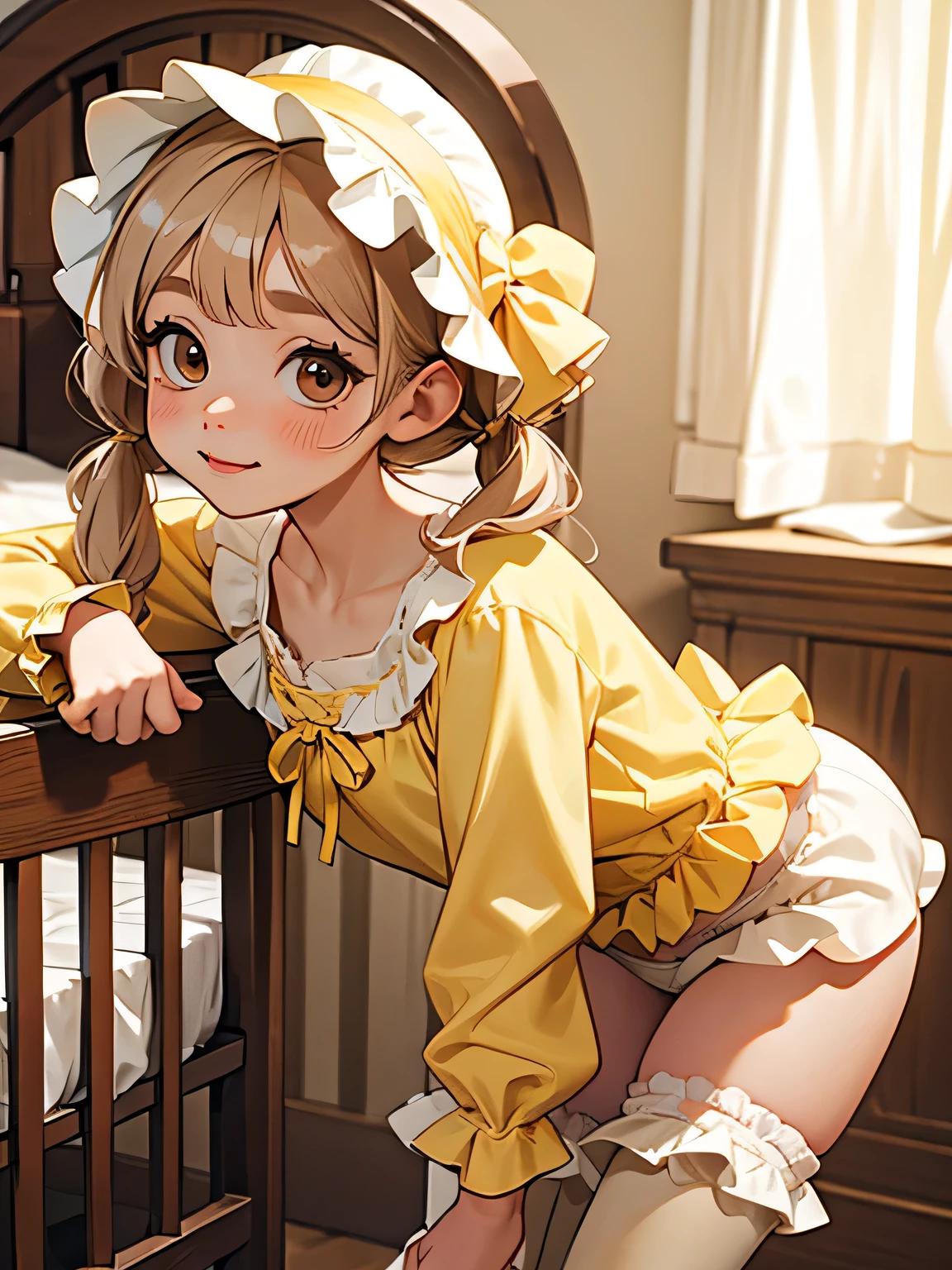 girl with beige hair in pigtails and brown eyes, wearing a frilly yellow baby bonnet and frilly yellow onesie, wearing a frilly white diaper and stockings, in a crib, bending over, happy