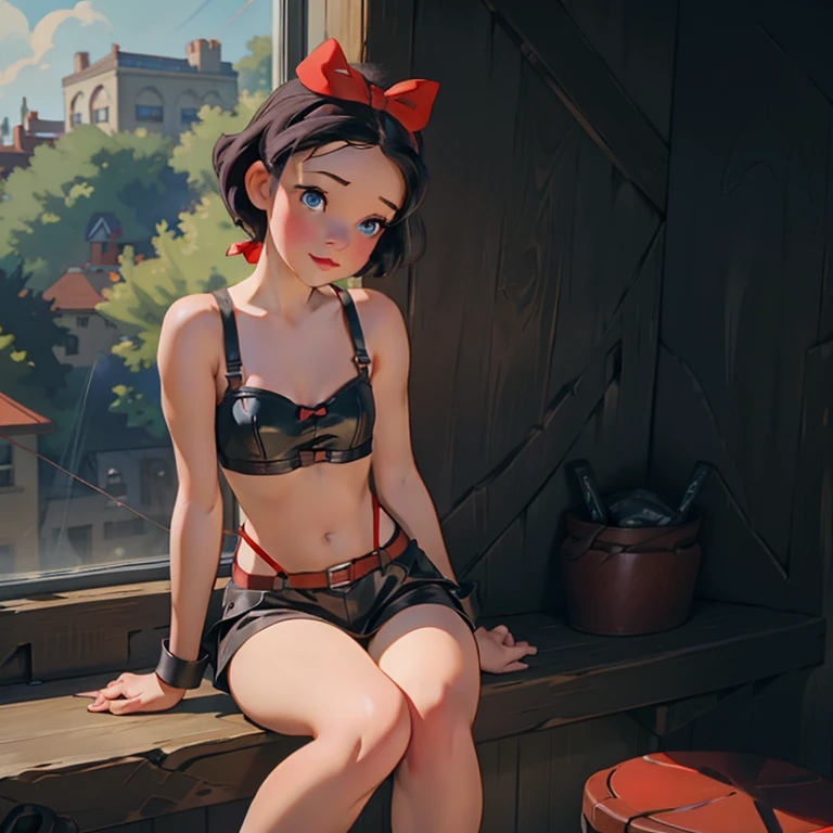 A beautiful girl with short black hair, blue eyes, and a red bow, sitting on a window sill in a modern Disney-style cartoon, wearing a black bra and cuffs, wrapped in leather straps and harnesses, with leather cuffs around her wrists, in a dominant and sexy restrained pose.