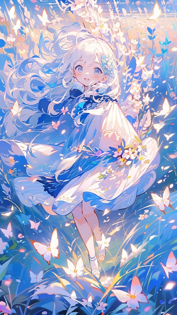 (Mastepiece), (Best Quality), Very detailed, 1 girl, Solo full body shot, Perfect Face, beautiful girl, Very detailedな顔，(Long white hair:1.5)，(blue eyes:1.4)，(Lots of butterflies々:1.2)、(Flower Field:1.4)、(Lots of petals:1.3)、(gem:1.3)、(smile:1.3)