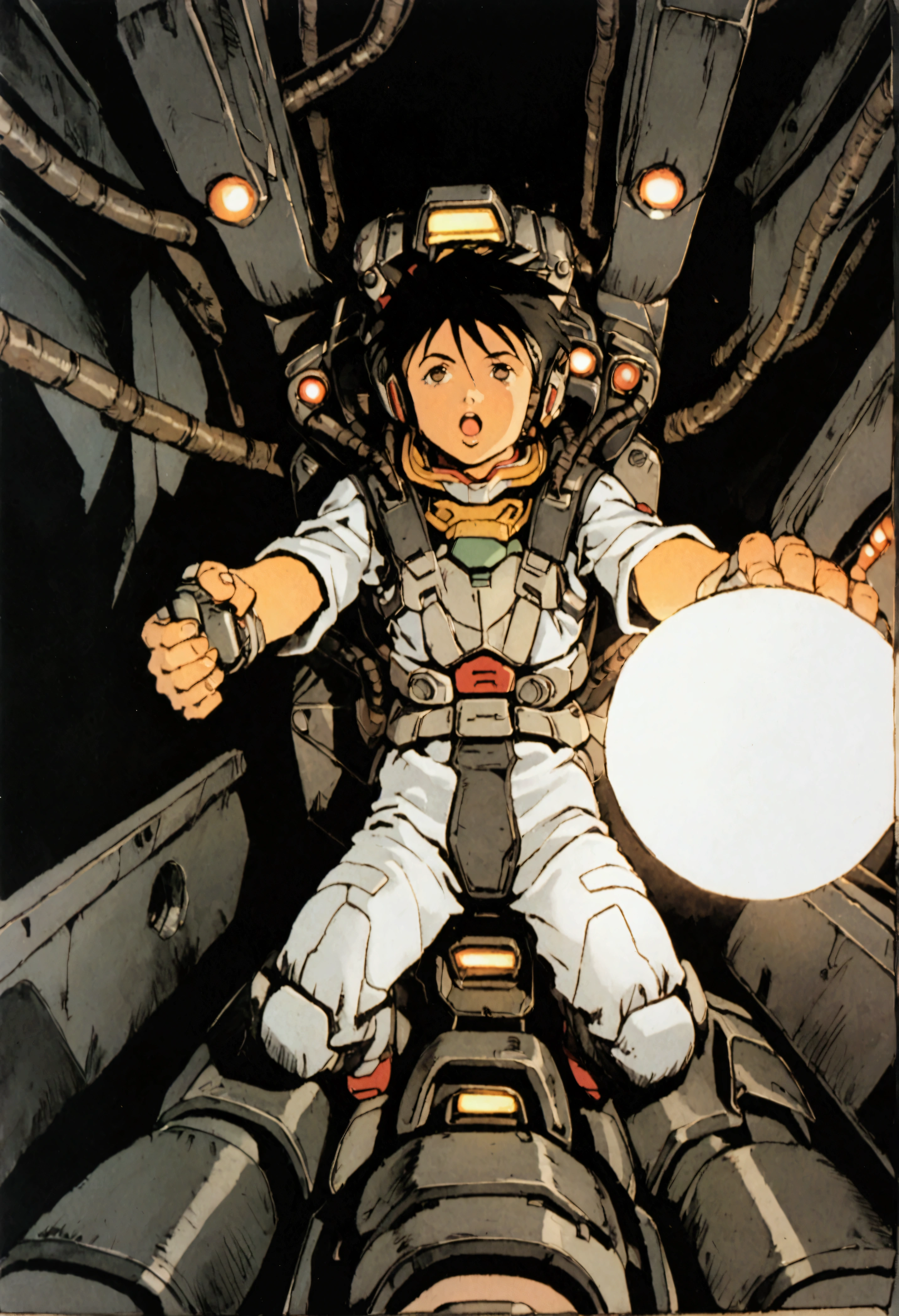Gundam Wing Cockpit、Futuristic Suit、22 years old、woman、独奏、Black Hair、The gauge lights up、Full Face Helmets、Look diagonally upwards and shout、Dynamic pose、Shooting from above with a wide-angle lens。