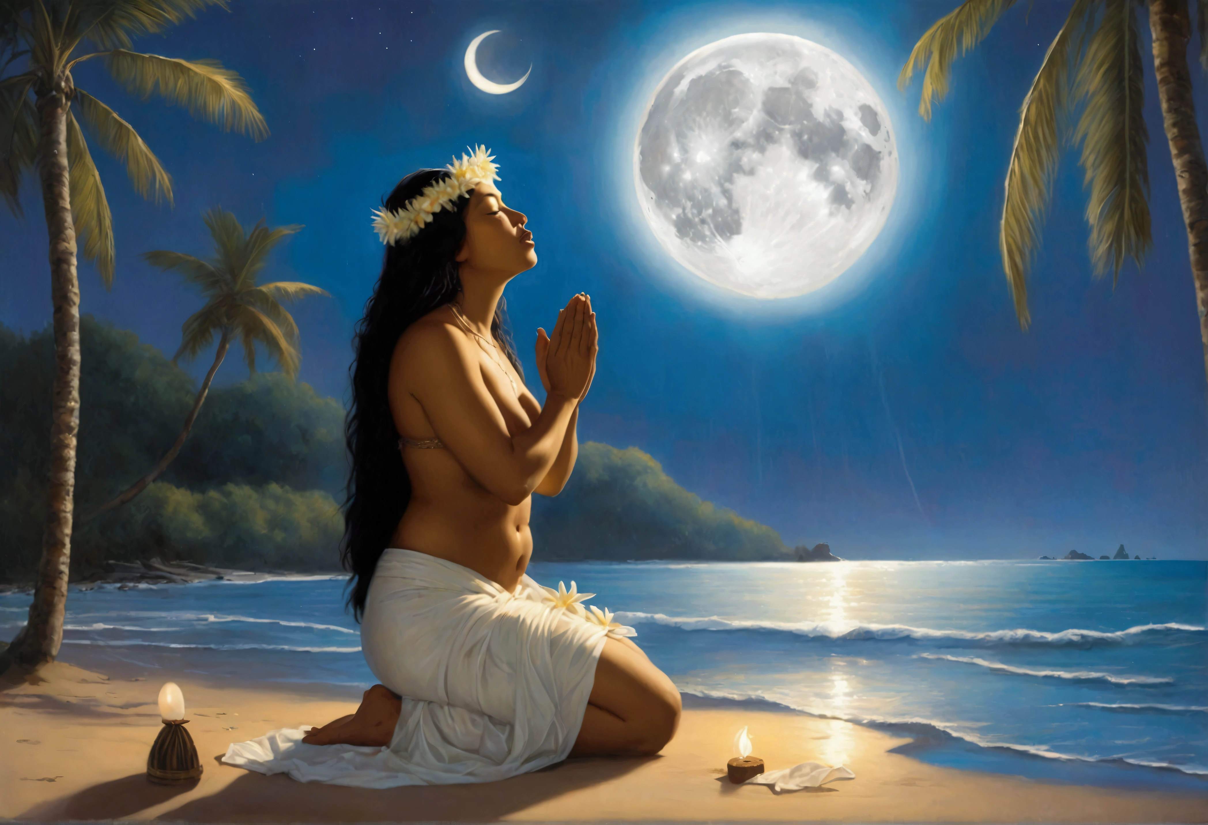 A lovely scantily clad woman (samoan) prays for fertility at a serene beach. A translucent goddess floats above the water and listens to her prayer. Moonlit confession
