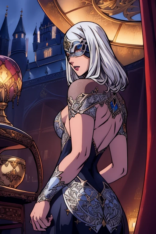 carmilla, medium breasts, black dress. for white, beautiful face, blue eyes, (masterpiece:1.2), Best Quality, absurdities, High resolution, extremely detailed wallpaper, perfect lighting, from below, blue eyes, castillo, view of the castle, outdoor, de evening, evening, por la evening,  ((silver mask))