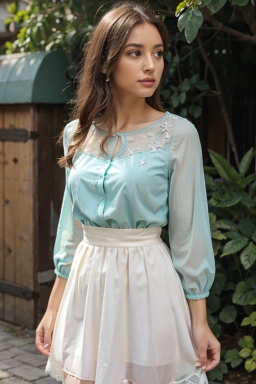 Aqua green blouse with mustard color butterflies and pink lace