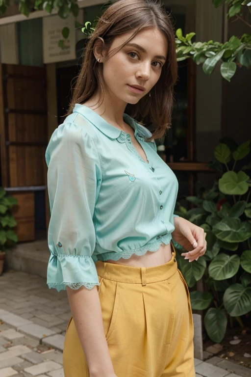 Aqua green blouse with mustard color butterflies and pink lace