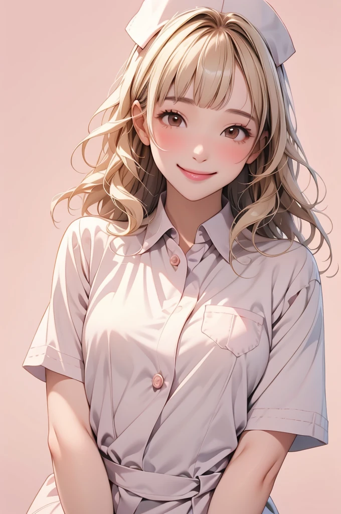high resolution,smile,happy,light smile,woman,woman1人,adult,Clear,cute,Small breasts,BREAK,blunt bangs,Blonde Hair,BREAK, Brown eyes,BREAK,wavy hair,long hair,BREAK, ((looking at viewer)), Nurse uniform,Nurse cap,BREAK,Facing forward,BREAK,Pink background,