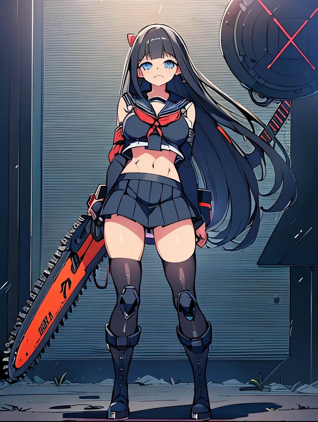 Elaborate photos、High resolution、Cyberpunk worldview、Solo of a high school girl wearing a sailor uniform、Sailor school uniform（Sailor collar、Long sleeve、Red ribbon on chest、Belly button、Breast release、Short length clothing、Cleavage、Armlet）、Harness Beltの着用、Underboob、High heelsブーツ（tech boots、High heels、black、Mechanical Design、）、Micro Skirt（Low rise、V-Line、Absolute area、Harness Belt）、{{{Armed、Has a chainsaw（High Tech Design、Huge Machine、Rotating blade）}}}、Battle anime characters、18-year-old、Medium-Long Hair Styles（Black Hair、Blunt bangs）、 Tree Eyes（black瞳、Sparkling Eyes、Looking Down）、Glare、Standing in the wilderness at dusk、