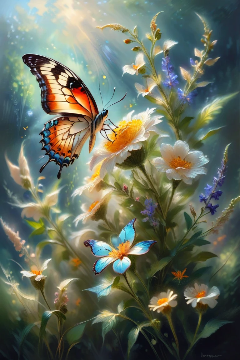 Impressionist oil painting capturing the ethereal beauty of a butterfly perched on a bouquet of wildflowers, bathed in the soft, diffused light of a spring morning, by Claude Monet and douard Manet, cinematic composition, trending on ArtStation.