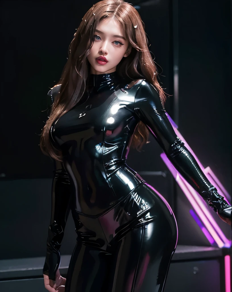 1 Girl, (Purple Eyes), (Tempting face :1.2), (Minatozaki Sana), (black makeup :1.2), Wide hips, (Large target :1.1), (Large target ass), (Thin waist :1.2), muscle, (best quality, 8K, masterpiece: 1.3), Be focused: 1.2, Perfect body beauty: 1.4, (Strong abdominal muscles), Highly detailed face and skin textures, Delicate eyes, Double eyelids, (Glowing skin :1.2), (Brown long straight hair :1.2), (Black latex bodysuit with pattern :1.3), (cleveage :1.2),,(Close-up of face :1.2), baby face,Standing in a black room,Knight Costume