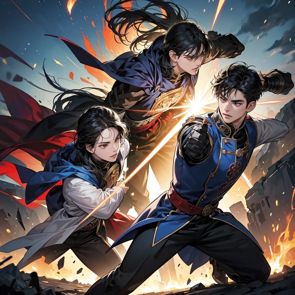 scene: A dynamic fight in a high-impact environment, like a battlefield or a combat arena.
Main character: A young handsome nobleman with black hair and dark eyes. He wears a noble outfit with elements that suggest action, like a cloak or light armor.
action: The young noble is involved in an intense battle with several opponents or a main adversary. The scene must reflect a fighting style like that of action mangas and comics, with quick movements, dramatic effects and dynamic poses.
Visual References: Inspiration from action comics, showing an epic fight with an emphasis on the style and skills of the main character.