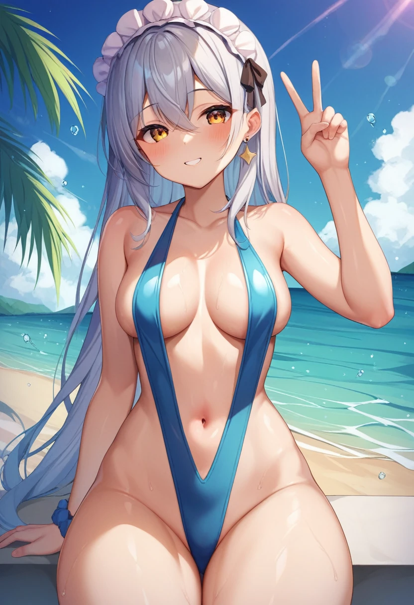 One Girl、Long Hair、Slightly large chest、(Slightly large chest:1.4)、Thick thighs、(Thick thighs:1.2)、Silver Hair、Golden Eyes、frilled hairband、V front micro plunging swimsuit、(金色のV front micro plunging swimsuit)