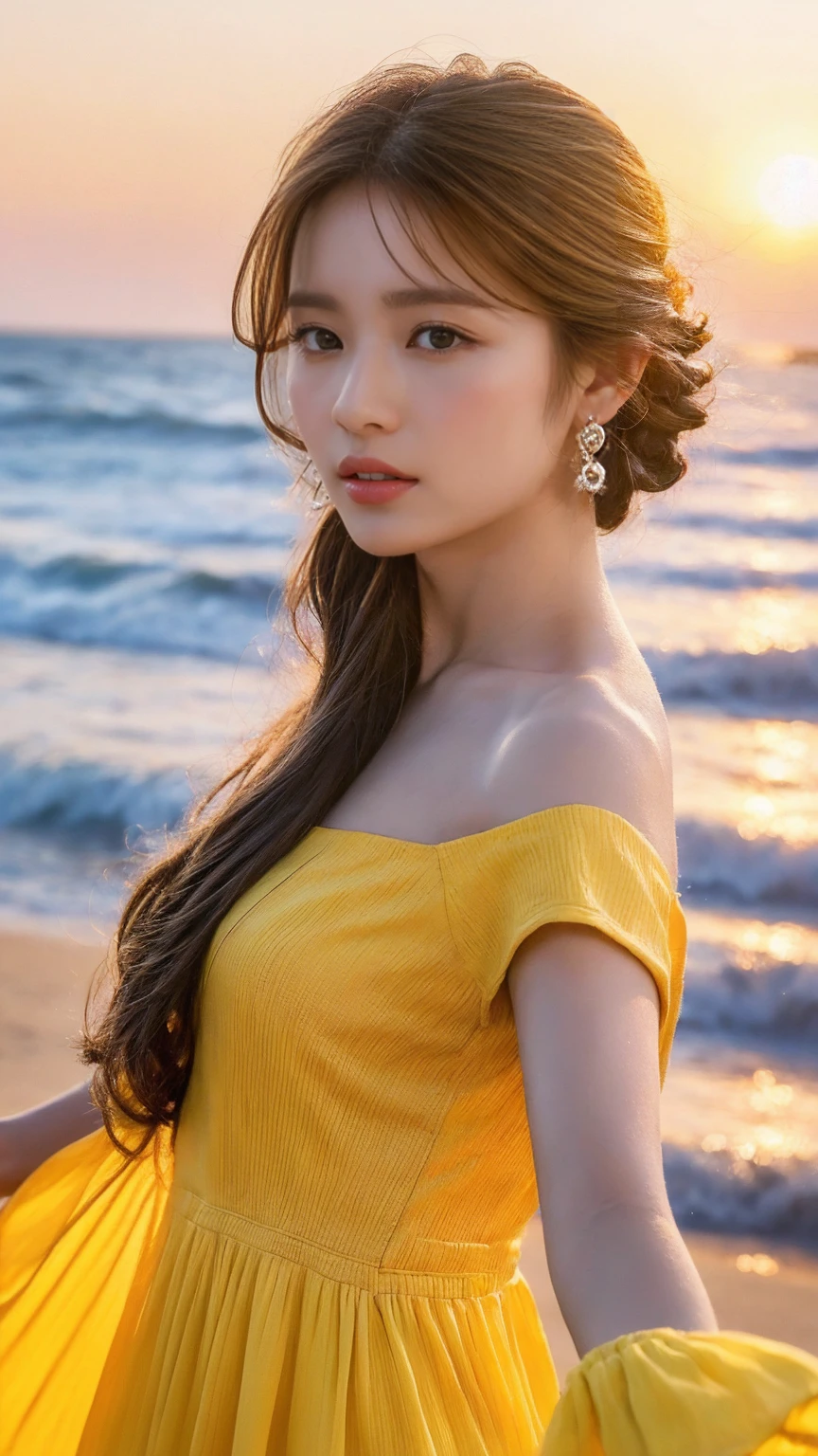 (Surreal), (picture), (High resolution), (In 8K), (Very detailed), (Best Illustration Photos), (Beautiful and fine details), (最high quality), (Ultra-detailed), (masterpiece), (wallpaper), (Detailed face), solo, One Girl, Blonde Wavy Hair, Korean Beauty,Black Eyes, ((ゆったりとしたBlue and yellow maid outfit)), Long legs, Toned Abs, Big Tits、stockings、((In a dark cave))、(Pause_random)、((Upper body portrait))), Upper body portrait, masterpiece, 最high quality, high quality, High resolution, Blue and yellow maid outfit