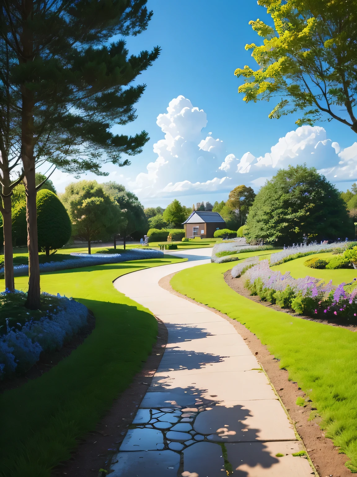 Blue sky, bright shrub park, paths, small puddles,