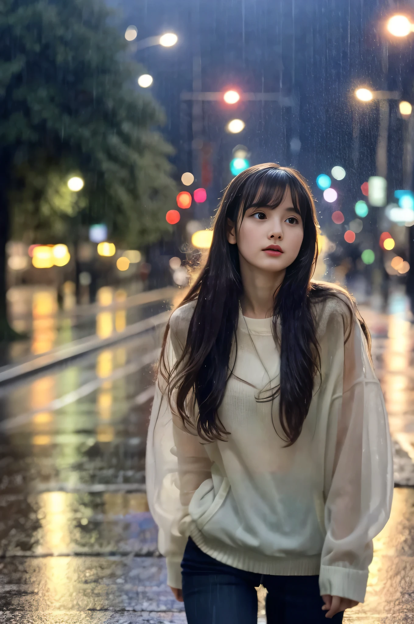 22year old beautiful girl、Highest image quality、realistic、16K、beautiful woman、long hair、With bangs、Pretty slim、heavy rain、While walking through the city in the rain、wet from heavy rain、Full body figure、白のレースドレス、Look up at the sky