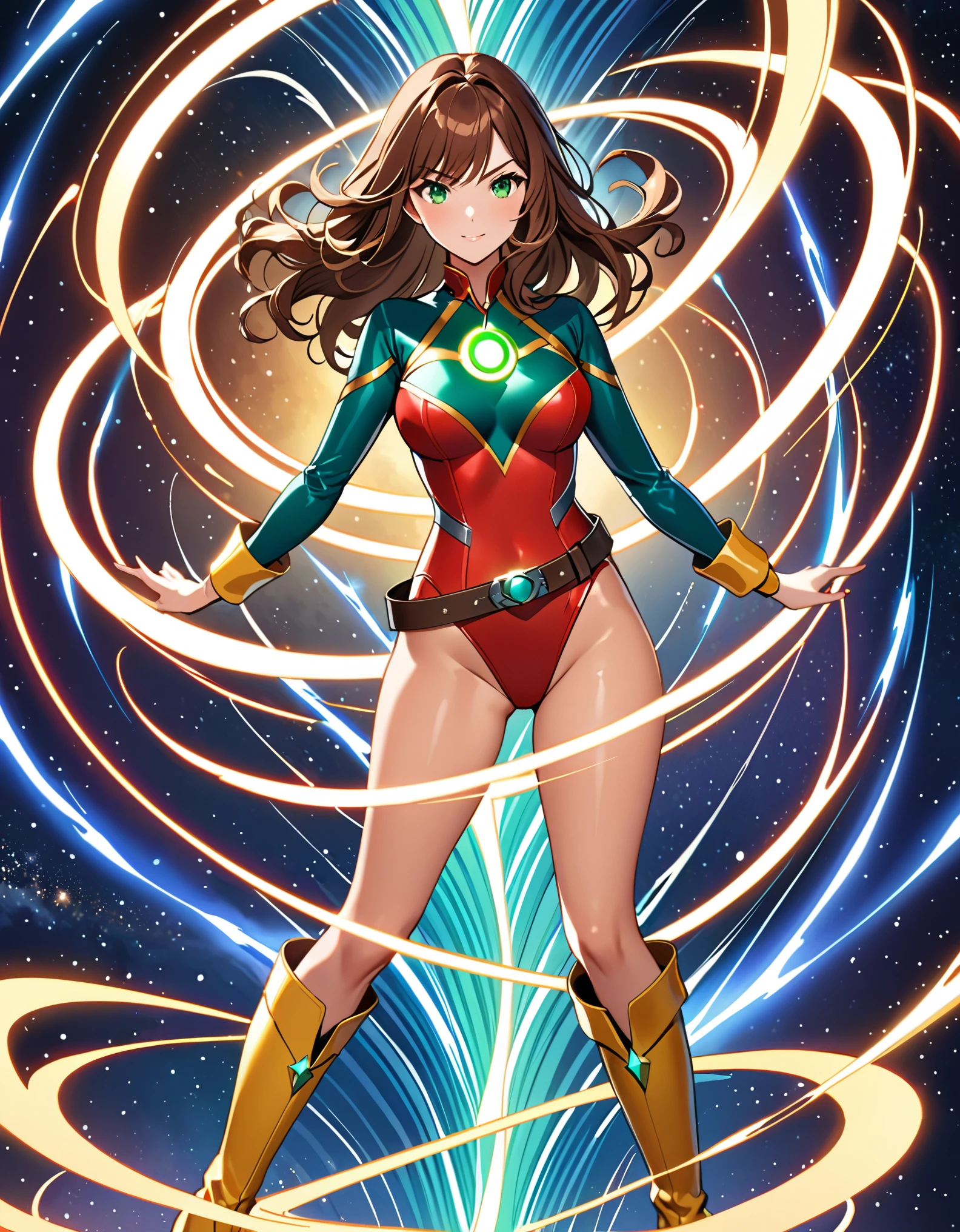 (masterpiece), (best quality), (high res), 1lady, tall body, highly detailed, professional, beautiful detailed eyes, beautiful detailed face, perfect hands, complete fingers, perfect ???????, perfect proportions, ((brown hair, medium hair, hair down)), ((green eyes)), ((leotard, (red leotard), matching leotard)), (bare legs), (boots, matching boots, knee-high boots, yellow boots), breasts, medium breasts, looking at viewer, solo, solo focus, standing, one hand on hip, cowboy shot, space backdrop, ((belt, tight belt)), (blue sleeves, yellow cuffs), ((yellow hawk /(symbol/)) on chest), full body costume design. (T-pose, legs together). (fast spin, spins fast in place like a tornado, whirls fast in place like a tornado, tornado whirling, spiral lines around her, speed lines around her, spinning energy pulse around her, storm winds around her, whirls into a tornado, (she whirls) in (super speeds)). full body costume design. curved sword slash. she super-spins. time travel, time warp.