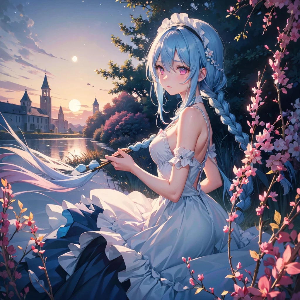 Sky blue hair, (1 braided hair), (Pink eyes),Fair skin)  ,(whole body),(One Girl),(White sweet dumpling), harvest moon,Miscanthus sinensis,(full moon),(masterpiece, Highest quality, Very detailed, Best Shadow), (Detailed Background), (Beautifully detailed face), High Contrast, (Best lighting, Very delicate and beautiful), ((Cinematic Light)), Hyper Detail,8k, Dramatic Light, Intricate details,