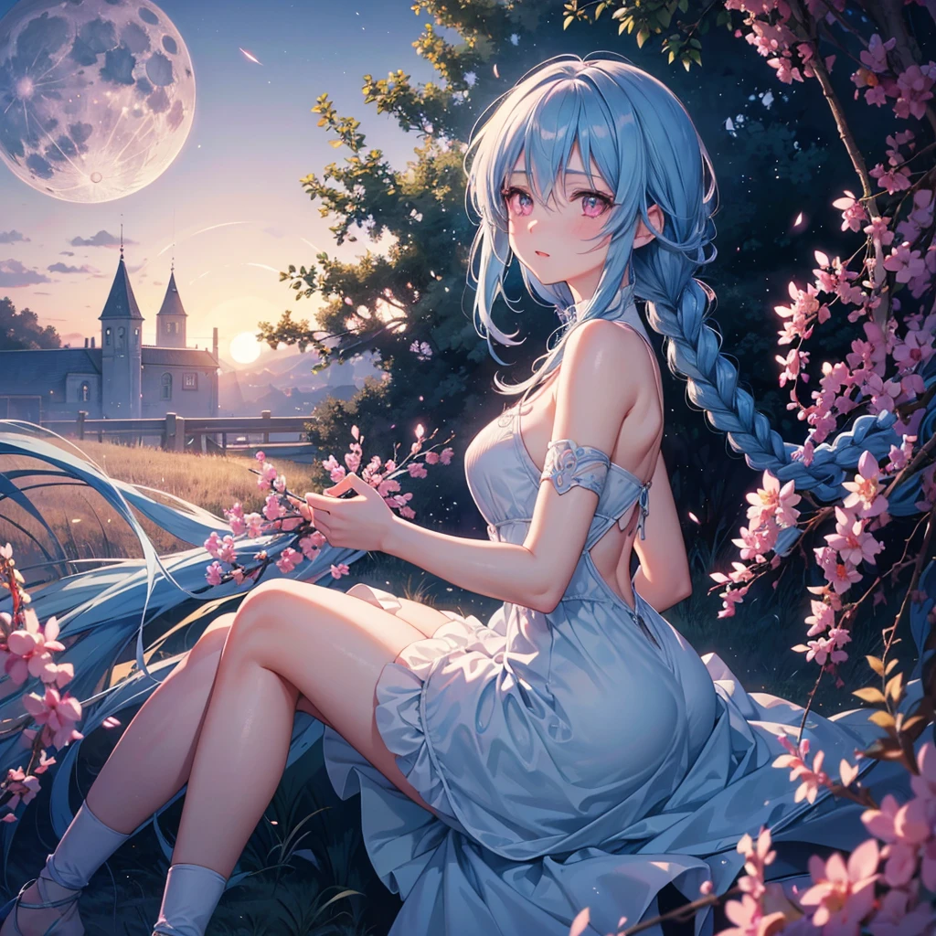 Sky blue hair, (1 braided hair), (Pink eyes),Fair skin)  ,(whole body),(One Girl),(White sweet dumpling), harvest moon,Miscanthus sinensis,(full moon),(masterpiece, Highest quality, Very detailed, Best Shadow), (Detailed Background), (Beautifully detailed face), High Contrast, (Best lighting, Very delicate and beautiful), ((Cinematic Light)), Hyper Detail,8k, Dramatic Light, Intricate details,