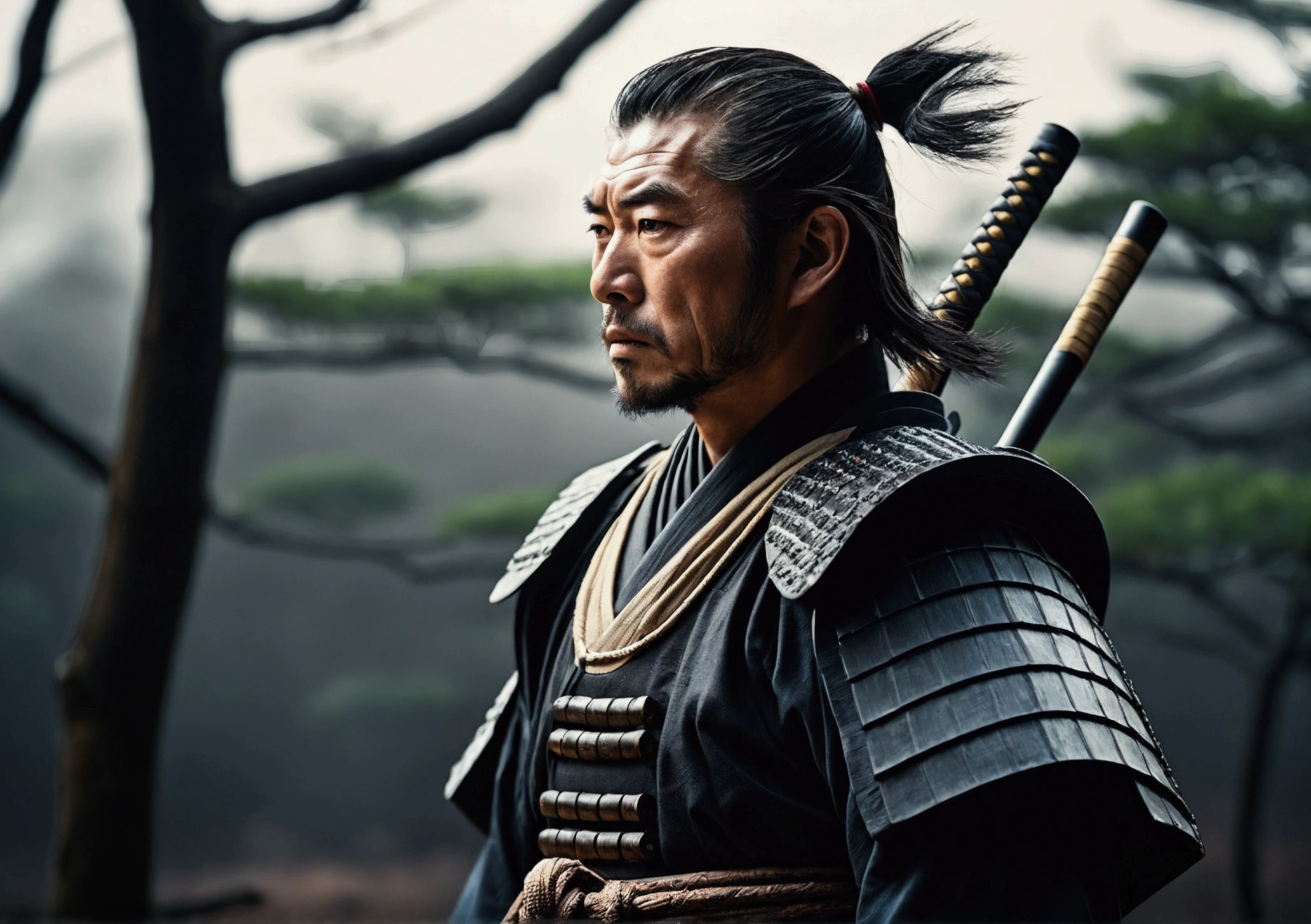 Japanese atmosphere, A samurai looks into the distance,Real,dark,cold, with a natural look,