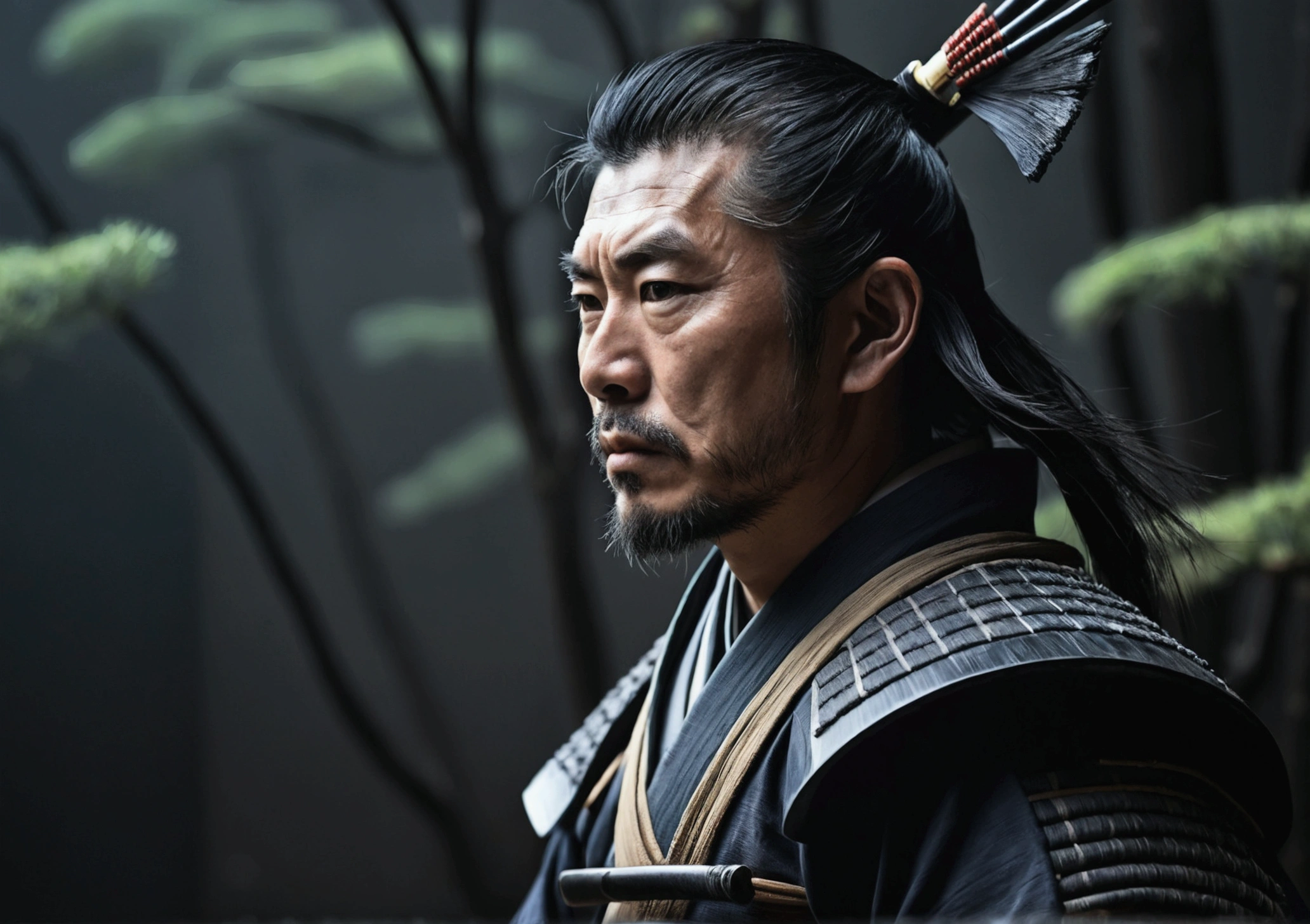 Japanese atmosphere, A samurai looks into the distance,Real,dark,cold, with a natural look,