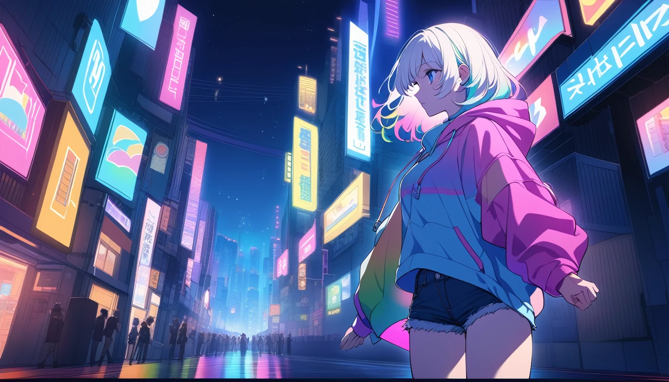 HD 8k Handsome sexy cute, Solitary, 1 female, Medium Length Hair, white hair, Rainbow hair, blue Eyes, looking away, Rainbow headphone, hoodie, colored hoodie, denim shorts, sneakers, Human focus, outdoor, blue night sky, background is 1980's Japanese NEON Tokyo, vibrant, cityscape, night