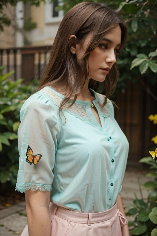 Aqua green blouse with mustard color butterflies and pink lace