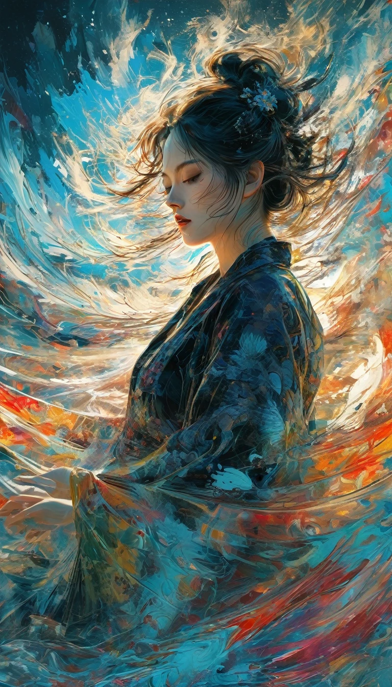 Abstract Expressionist Paintings - Abstract Beauty,(Black transparent, Lace),(((Looking at the camera))),Nearly perfect,Dynamic,moonlight,Very detailed,number,Art Station,Concept Art,Smooth,Clear focus,illustration,Art work:carne griffiths 和 wadim kashin . Vibrant brushwork, Bold Colors, Abstract Form, Expressive, emotion, Official Art,Unity 8K wallpaper,Extremely detailed,beautiful and aesthetic,masterpiece,best quality,(zendispute, Mandala, dispute, endispute),(Fractal Art:1.3),1 Girl,(中等胸部Extremely detailed),((Cowboy shooting:1.5)),The most beautiful form of chaos,elegant,Barbarian design,Vibrant colors,,author:James Jean,Robbie Devi Antonio,Ross Chen,French Bacon,It was cold,Adrian Genius,Petra Corrette,Gerhard Richter,Takato Yamamoto,Ashley Wood,atmosphere,The ecstasy of notes,The flowing notes are clearly visible,
