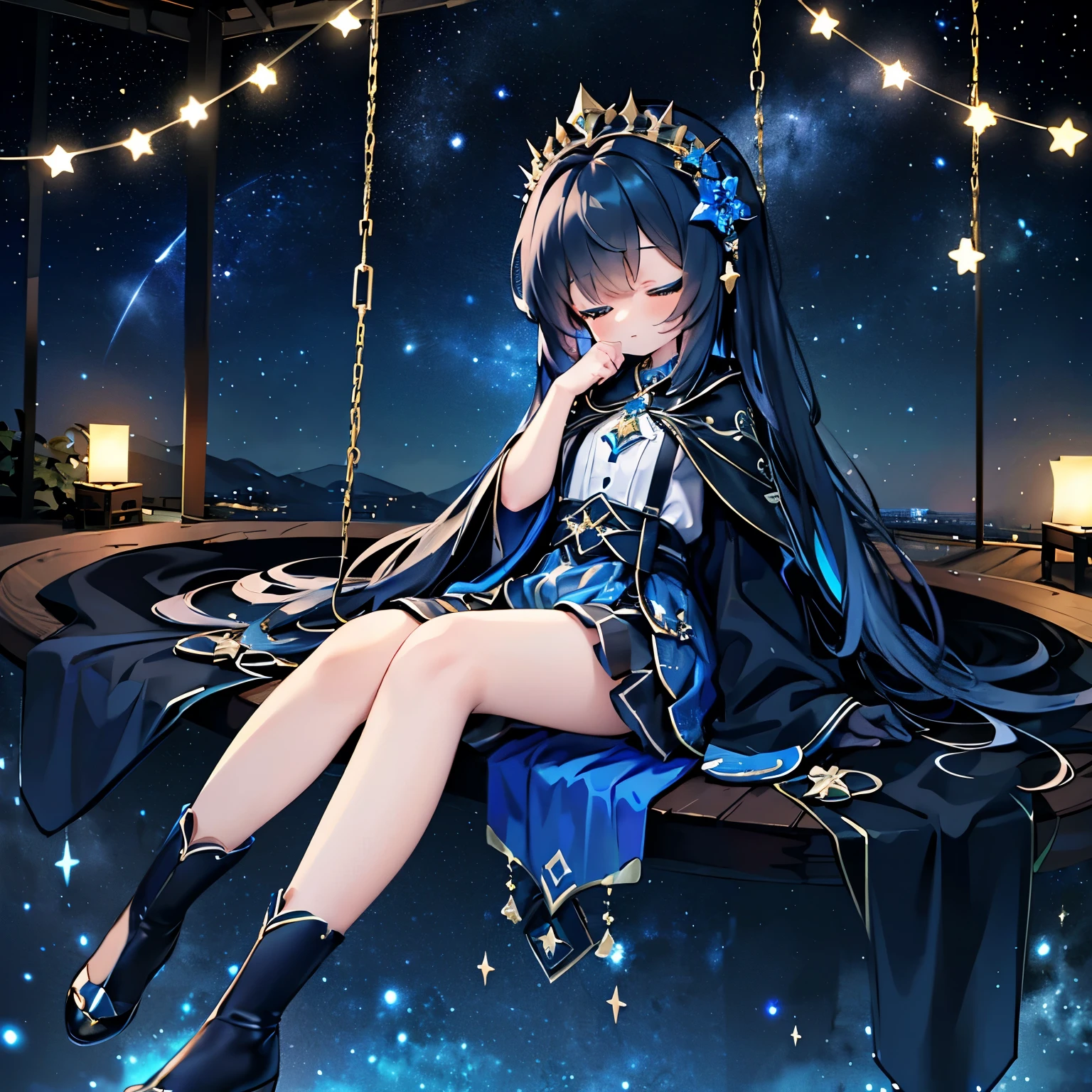 (extremely detailed CG Unity 8k wallpaper, best quality, masterpiece), ((4k, masterpiece, best quality)), a woman with a sisterly feel but a little mature, long dark blue hair, long hair up to the waist, loose hair, shawl, emerald green eyes, (single), full of stars, left hand slightly raised, left ring finger, dark blue oversized swing princess dress, wearing a dark blue trench coat, hidden stars under the skirt, dark blue butterflies flying around, garden theater background, star curtain, Wearing a dark blue veil with stars, suspenders, closed eyes and sleep, right hand with gradient blue star gloves, dark blue high heels, ((full picture)), smaller eyes, (beautiful face: 1.2), (flowing hair: 1.2), ((gorgeous starry sky background))