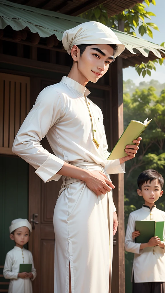 white skin Tall and tall thick eyebrows straight, beautiful lips A handsome Burmese young man with a solid body, cleanly dressed in a white Burmese dress and a green Burmese long-sleeved shirt, holding a school book in his hand. The Burmese young man was smiling sweetly and beautifully. The weather is nice. Small hut wallpaper. There are also some children.