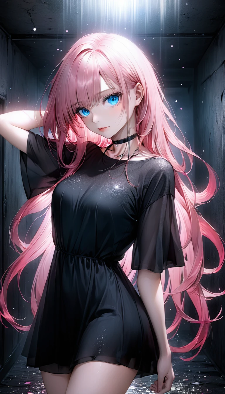 intelligent cool beauty, pink straight long hair, amorous and lewd face, make-up, blue eyes, great proportion, black gothic bare-dress, choker, hands behind head, background dimly lit basement, shading effects, gradation magic effects, foggy filter effects, glitter effects, fantastic effects, (ultra detailed, absolutely resolution, best quality:1.3), 2.5D, delicate and dynamic, artistic photography, hyper realistic, graphic CG digital cartoon-style art