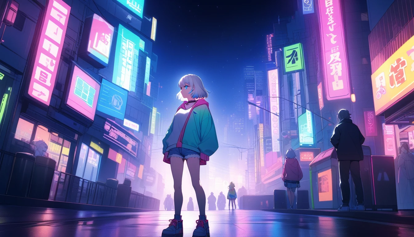 HD 8k Handsome sexy cute, Solitary, 1 female, Medium Length Hair, white hair, Rainbow hair, blue Eyes, looking away, Rainbow headphone, hoodie, colored hoodie, denim shorts, sneakers, Human focus, outdoor, blue night sky, background is 1980's Japanese NEON Tokyo, vibrant, cityscape, night
