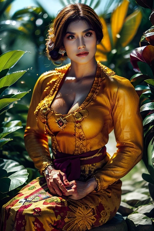 1 Indonesian-belgium girl, 25 years old, updo hair, green cupper hair colour, fit body, big breast, cleavage, skintight purple lace kebaya, batik long skirt, masterpiece, highly detailed, ultra hd, 8k, detailed face, bright eyes, perfect eyes, detailed skin texture, detailed lips, sexy lips, perfect hands, dynamic angle, cowboy shot