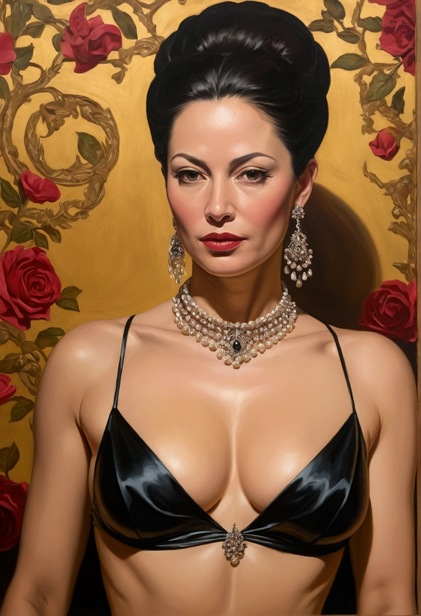 "A detailed oil painting of a 40-year-old woman exuding sophistication and intelligence, dressed in an elegant and cool manner, yet hiding her voracious carnal desires and active participation in masochistic pleasure. During intimate moments, she adopts the demeanor of a courtesan, using crude language and expressing insatiable lust"