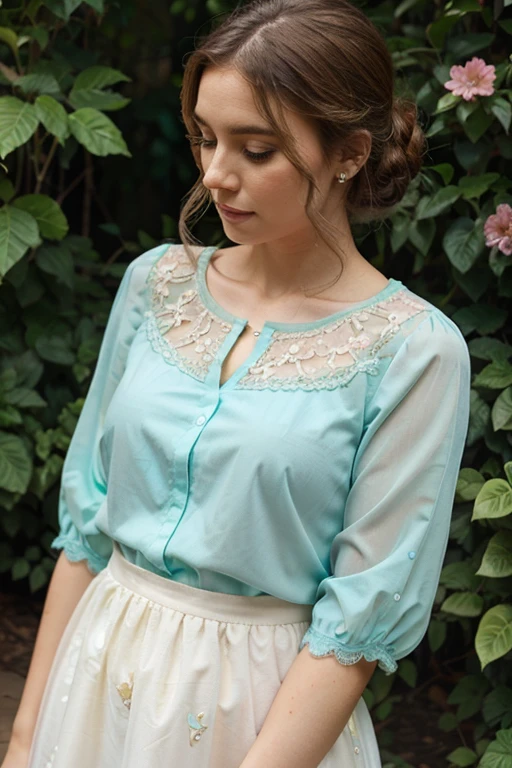 Aqua green blouse with mustard color butterflies and pink lace