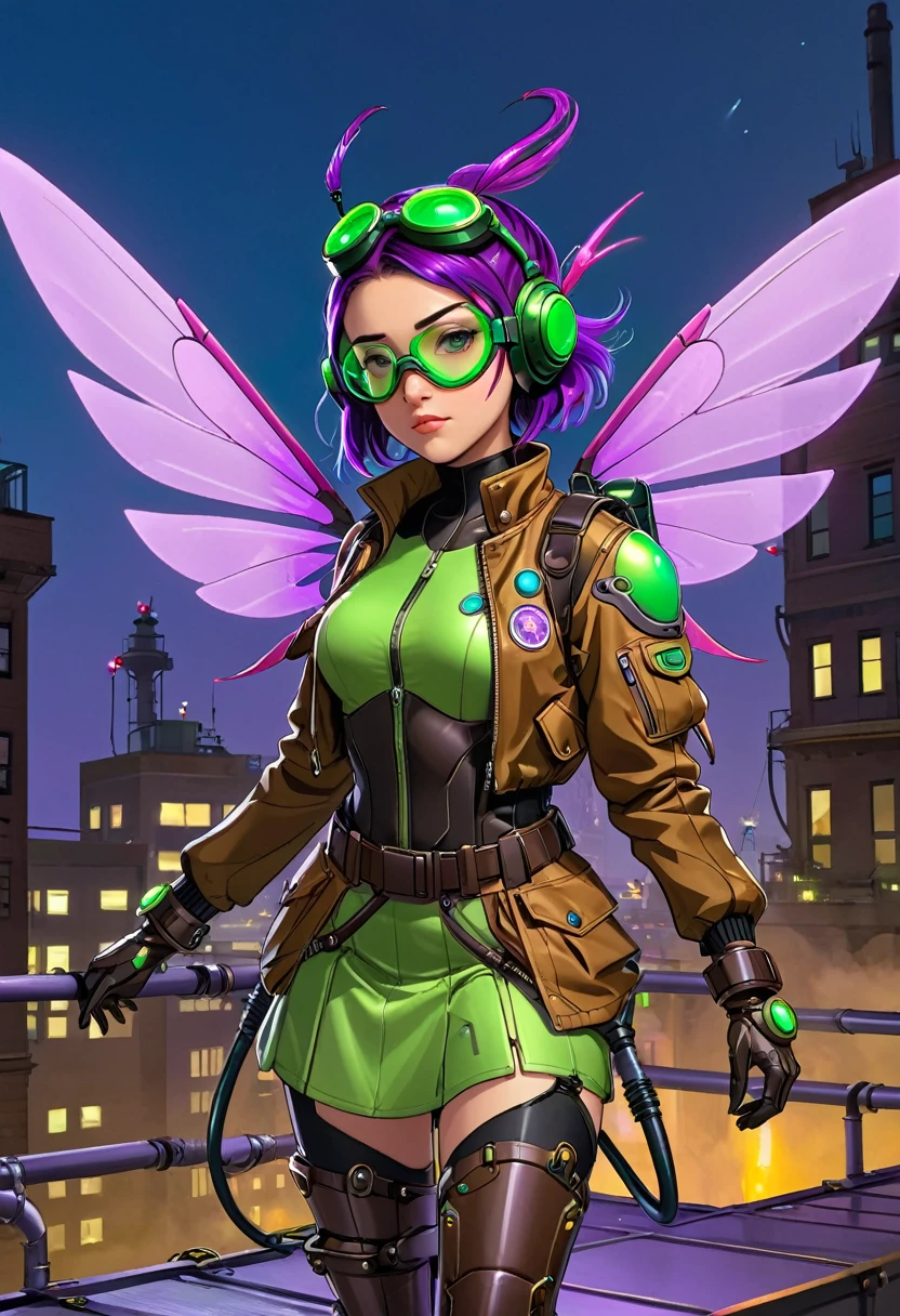 A teen girl poses for the camera. She wears a (brown flight jacket) , brown skirt and Green goggles raised. Large mechanical beetle wings are strapped to her back enabling her to fly. Glowing hoses connect to high tech armored bracers, with spray nozzles mounted on her wrists. She has spiky purple hair with the (side of her head shaved). She stands on top of a rooftop ready to take flight. She looks at the camera with an annoyed expression.