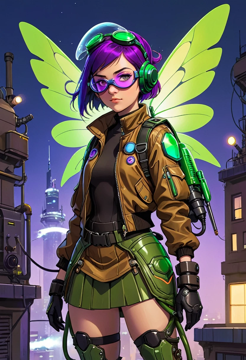 A girl poses for the camera. She wears a (brown flight jacket) , brown skirt and Green goggles raised. Large mechanical beetle wings are strapped to her back enabling her to fly. Glowing hoses connect to high tech armored bracers, with spray nozzles mounted on her wrists. She has spiky purple hair with the (side of her head shaved). She stands on top of a rooftop ready to take flight. She looks at the camera with an annoyed expression.