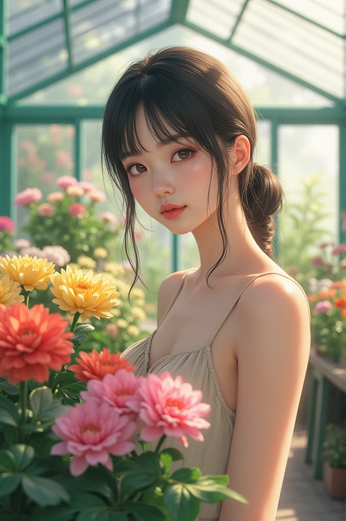 Very delicate and beautiful, wonderful, In detail, masterpiece, Very detailed, High resolution,Best Shot, Best Shadow,Complex,Sharp focus, high quality, 1 Japan woman, alone.cute,Fuka Koshiba,Yuki Sakurai,Seira=Trout, Glass greenhouse, Potted flowers, Flowers for sale, Woman looking at flowers, Flowers are blooming everywhere, Lens flare,No sleeve,Beautiful breasts,butterfly,Cool eyes,Glossy Lips,smile,Glowing Skin,Clear Skin