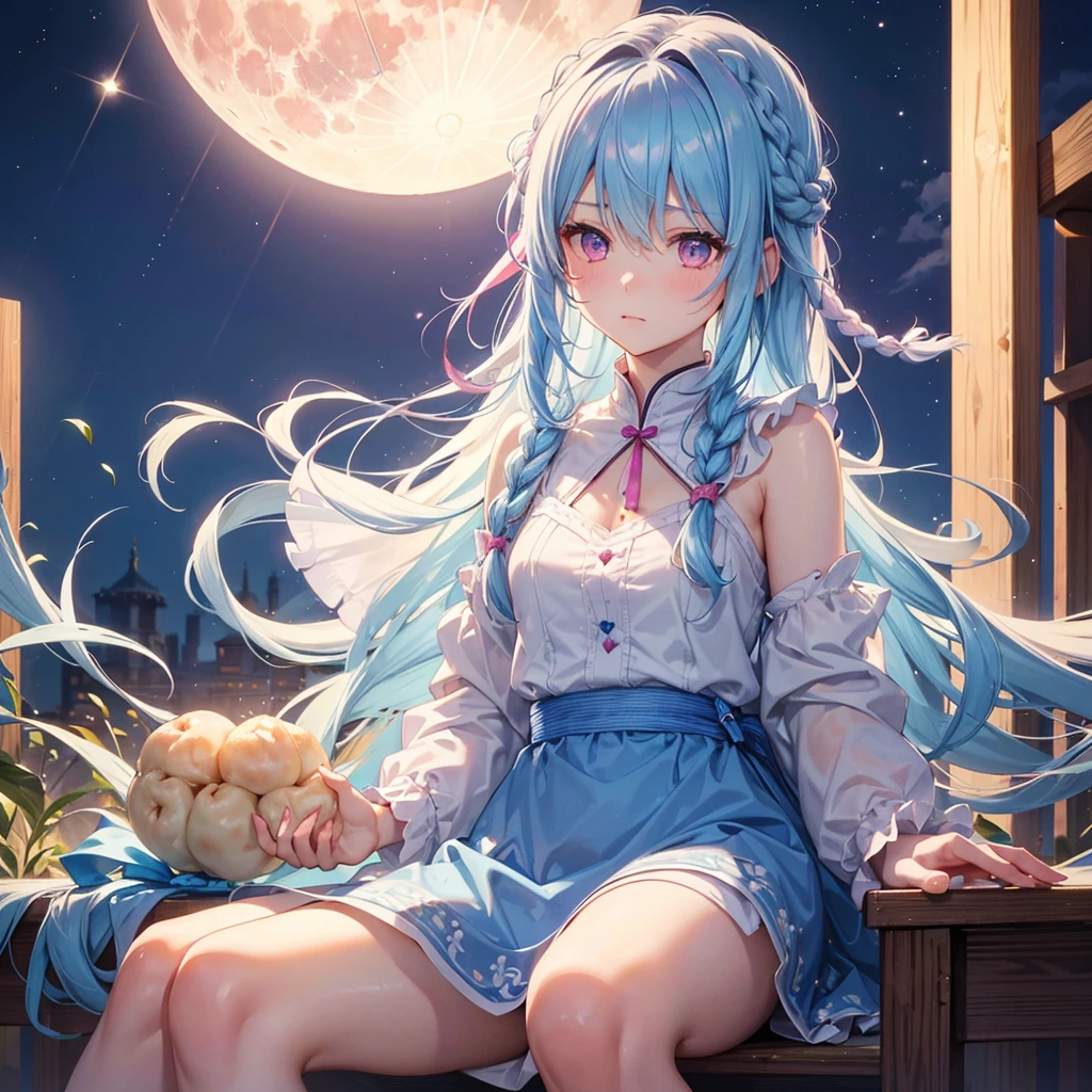 Sky blue hair, (1 braided hair), (Pink eyes),Fair skin)  ,(whole body),(One Girl),(White sweet dumpling), harvest moon,Miscanthus sinensis,(full moon),(masterpiece, Highest quality, Very detailed, Best Shadow), (Detailed Background), (Beautifully detailed face), High Contrast, (Best lighting, Very delicate and beautiful), ((Cinematic Light)), Hyper Detail,8k, Dramatic Light, Intricate details,Sit down and eat dumplings