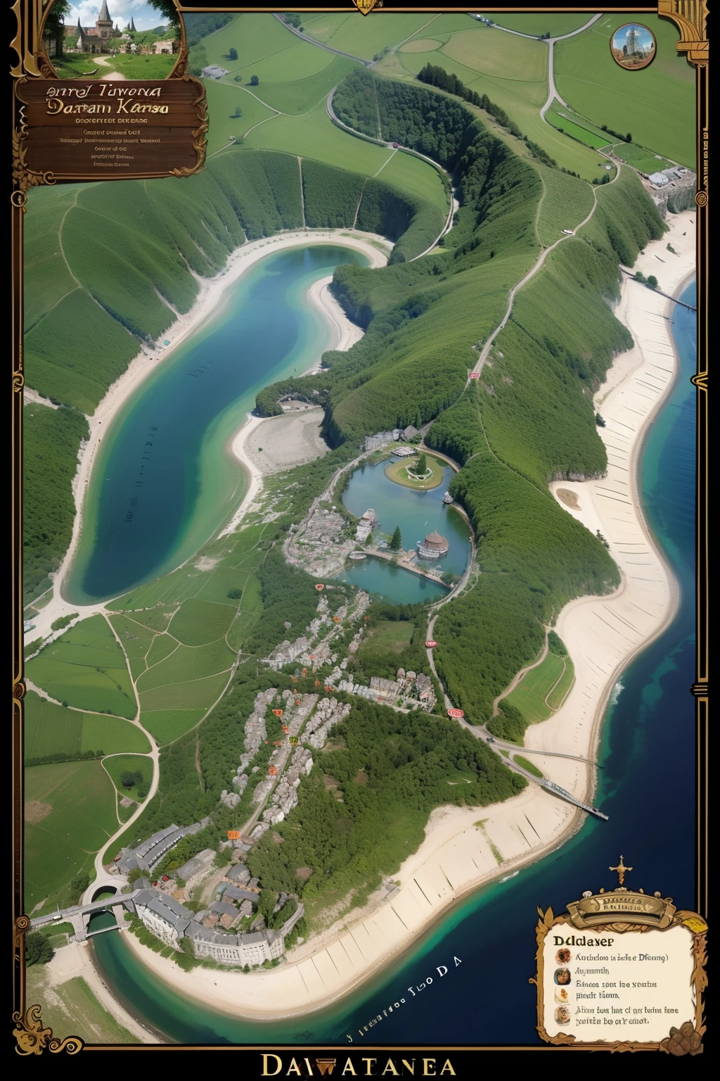 I would like you to create an RPG map with villages, lakes, mountainscape, dark forest, and dwarven kingdoms, humans, elves and orcs all with names, In the middle of this map I would like there to be a tavern called Taverna do Tonhão
