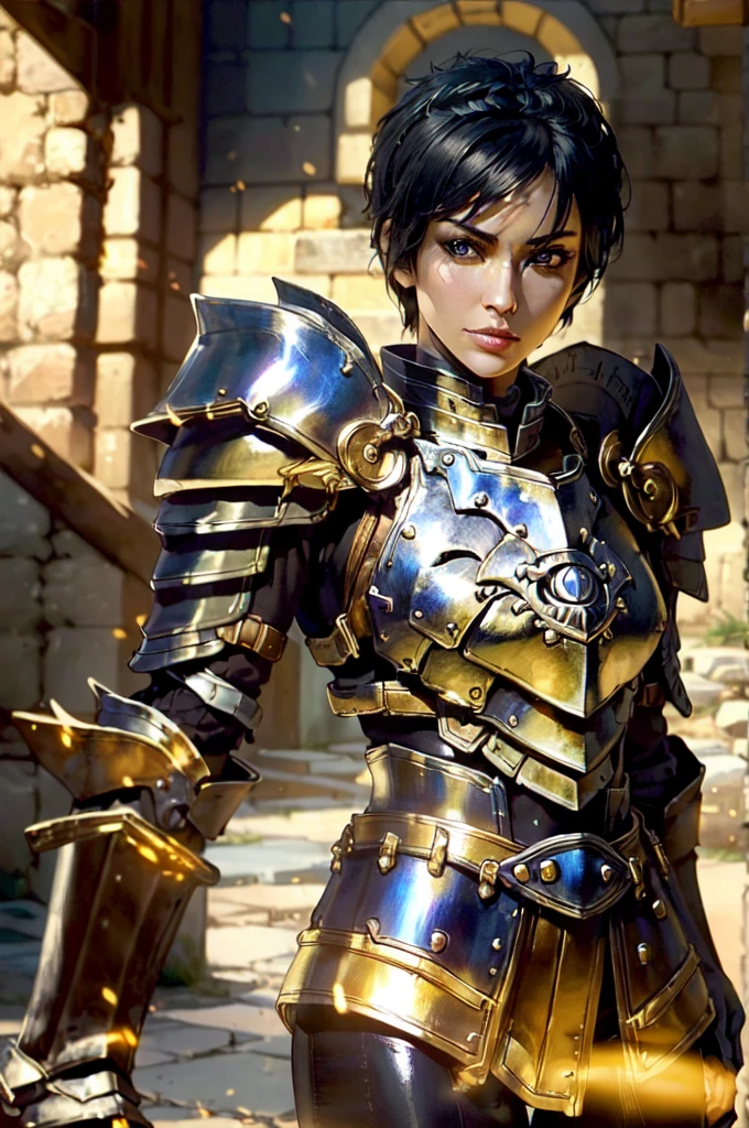 ((黄金と鋼のarmor:1.4))、(masterpiece, Highest quality, Super detailed, Absurd)1.5, One girl, (sexy, Beautiful woman, Perfect Face, Perfect Eyes, Perfect female body)1.5, (Cassandra Da, short hair, Black Hair, armor, shoulder armor, Leather pants, armored boots, gloves, ), (Are standing, Medieval castle), Perfect lighting, Smooth, High resolution