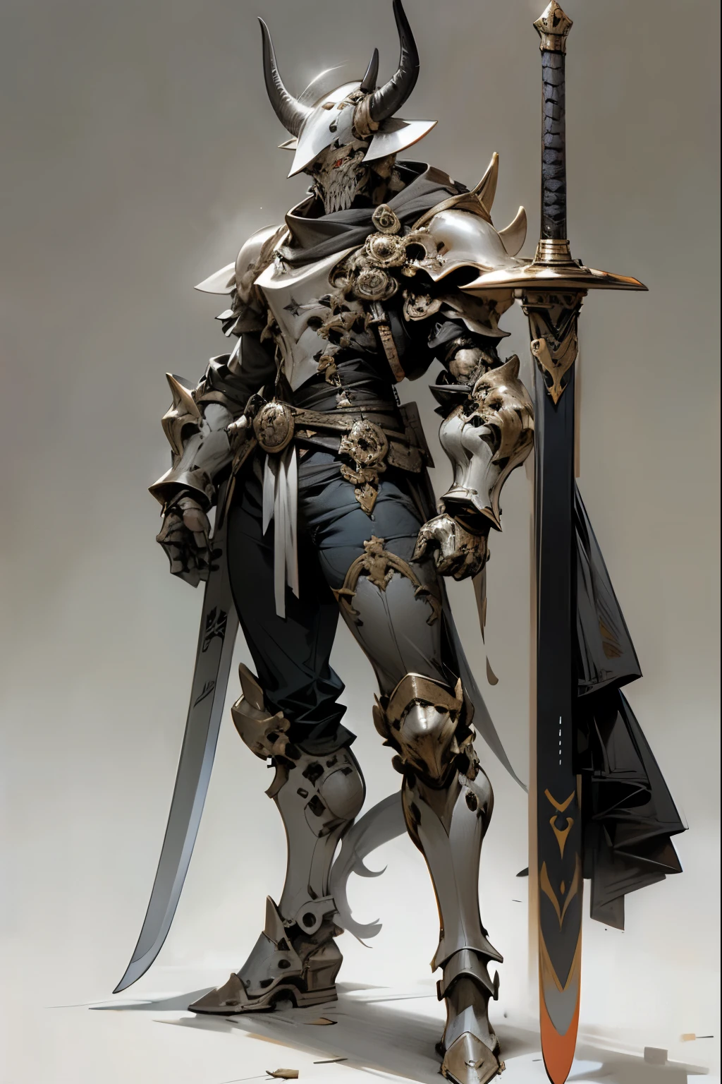 A helmet with a cow skull design,metal armor,Muscular々,One Man,Warrior,Combat Ready,Hoof Boots,A large sword taller than one's own height