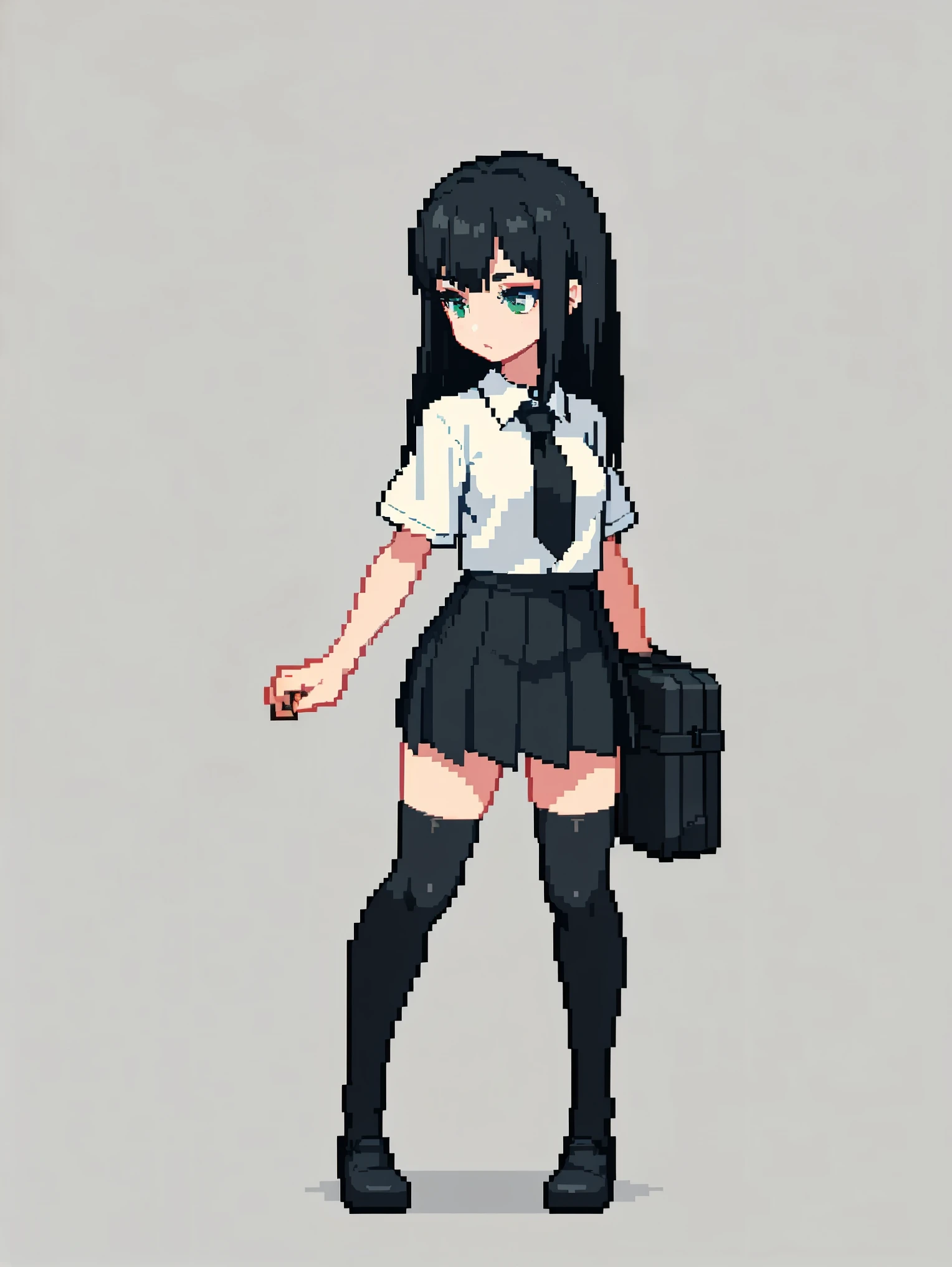 (masterpiece, Top quality, best quality, Fine details, 8-bit pixels), Long black hair girl、shirt+Green pleated skirt,Anime girl carrying a suitcase,, whole body,Black over-the-knee stockings