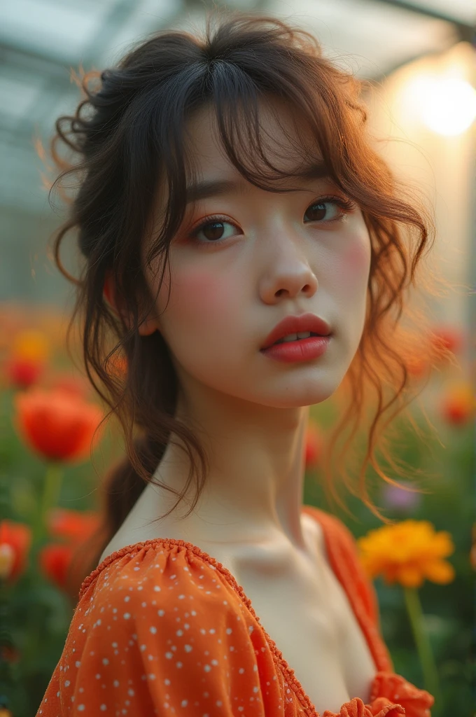 (Model shooting style), (shy), 1 girl, Lonely, brown、curly、Messy Hair, Extremely rich facial detail, Beautiful Eyes, [Chubby], cute, Red cheeks，bright, Lonely Eyes, Stunning beauty, (Rembrandt Lighting), Zeiss Lenses, Surreal, (Skin with attention to detail:1.2), 8K Ultra HD, Digital single-lens reflex camera, Dramatic Rim Light, high quality, Fuji XT3,Very delicate and beautiful, wonderful, In detail, masterpiece, Very detailed, High resolution,Best Shot, Best Shadow,Complex,Sharp focus, high quality, 1 Japan woman, alone.cute,Fuka Koshiba,Yuki Sakurai,Seira＝Trout, Glass greenhouse, Potted flowers, Flowers for sale, Woman looking at flowers, Flowers are blooming everywhere, Lens flare,No sleeve,Beautiful breasts,butterfly,Cool eyes,Glossy Lips,smile,Glowing Skin,Clear Skin