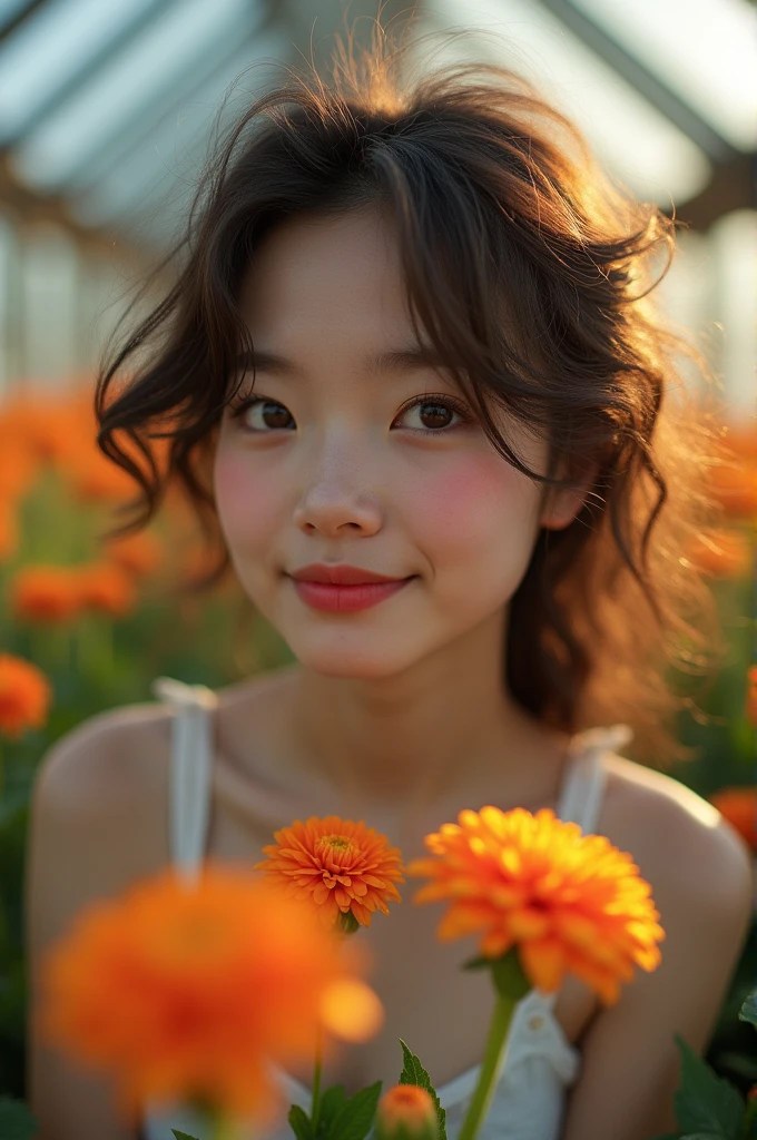 (Model shooting style), (shy), 1 girl, Lonely, brown、curly、Messy Hair, Extremely rich facial detail, Beautiful Eyes, [Chubby], cute, Red cheeks，bright, Lonely Eyes, Stunning beauty, (Rembrandt Lighting), Zeiss Lenses, Surreal, (Skin with attention to detail:1.2), 8K Ultra HD, Digital single-lens reflex camera, Dramatic Rim Light, high quality, Fuji XT3,Very delicate and beautiful, wonderful, In detail, masterpiece, Very detailed, High resolution,Best Shot, Best Shadow,Complex,Sharp focus, high quality, 1 Japan woman, alone.cute,Fuka Koshiba,Yuki Sakurai,Seira＝Trout, Glass greenhouse, Potted flowers, Flowers for sale, Woman looking at flowers, Flowers are blooming everywhere, Lens flare,No sleeve,Beautiful breasts,butterfly,Cool eyes,Glossy Lips,smile,Glowing Skin,Clear Skin