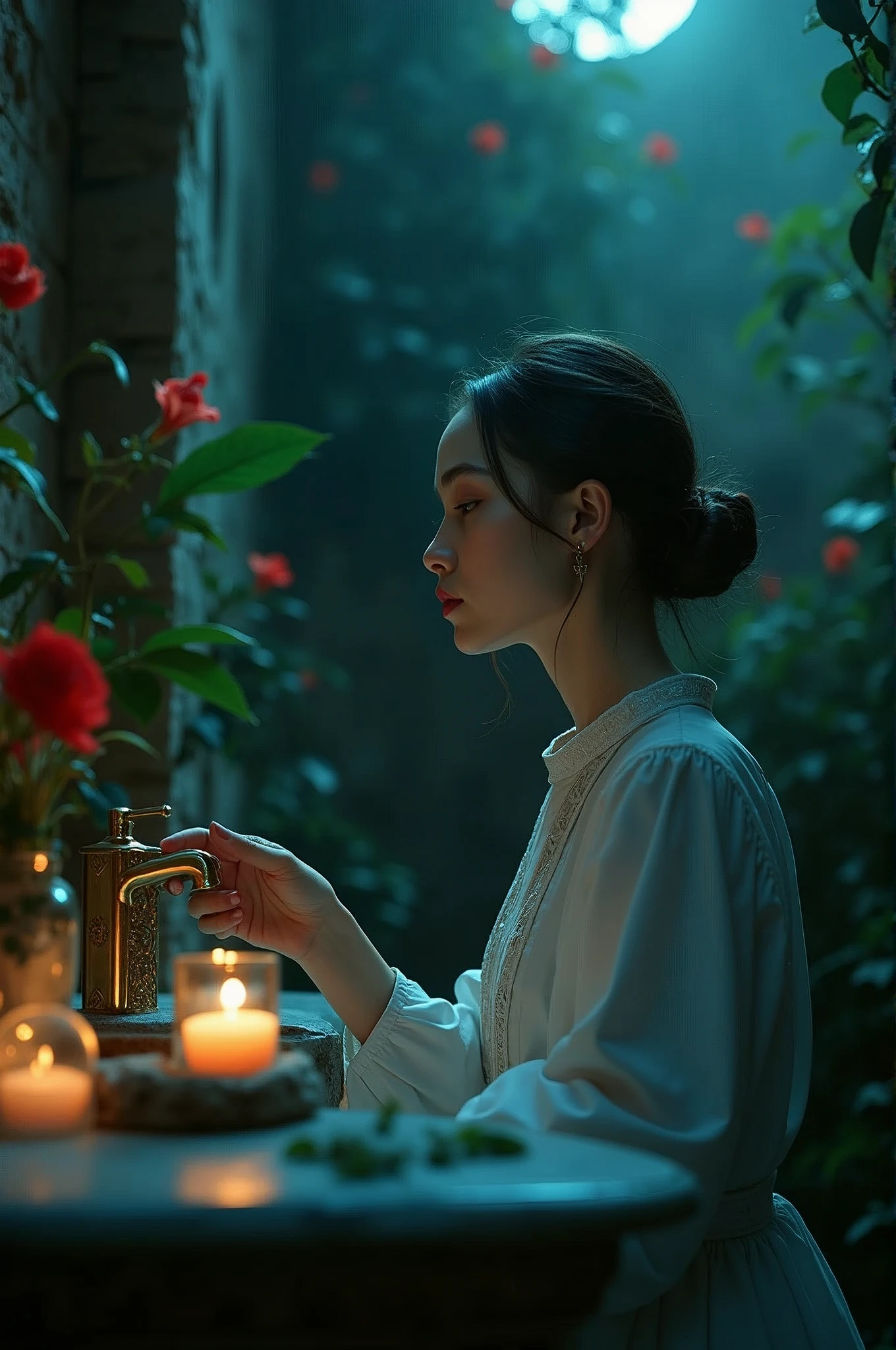 ((Masterpiece in maximum 16K resolution):1.6),((soft_color_photograpy:)1.5), ((Ultra-Detailed):1.4),((Movie-like still images and dynamic angles):1.3). | (Macro shot cinematic photo of beautiful female priest confessing under a moonlit), (Beautiful Female priest confessing), (a ruin full flowers), (focus on the moonlit), (macro lens), (exotic antiques), (luminous object), (luminous object), (Mysterious atmosphere), (shimmer), (aesthetic bath room accesories), (visual experience),(Realism), (Realistic),award-winning graphics, dark shot, film grain, extremely detailed, Digital Art, rtx, Unreal Engine, scene concept anti glare effect, All captured with sharp focus. | Rendered in ultra-high definition with UHD and retina quality, this masterpiece ensures anatomical correctness and textured skin with super detail. With a focus on high quality and accuracy, this award-winning portrayal captures every nuance in stunning 16k resolution, immersing viewers in its lifelike depiction. | ((perfect_composition, perfect_design, perfect_layout, perfect_detail, ultra_detailed)), ((enhance_all, fix_everything)), More Detail, Enhance.
