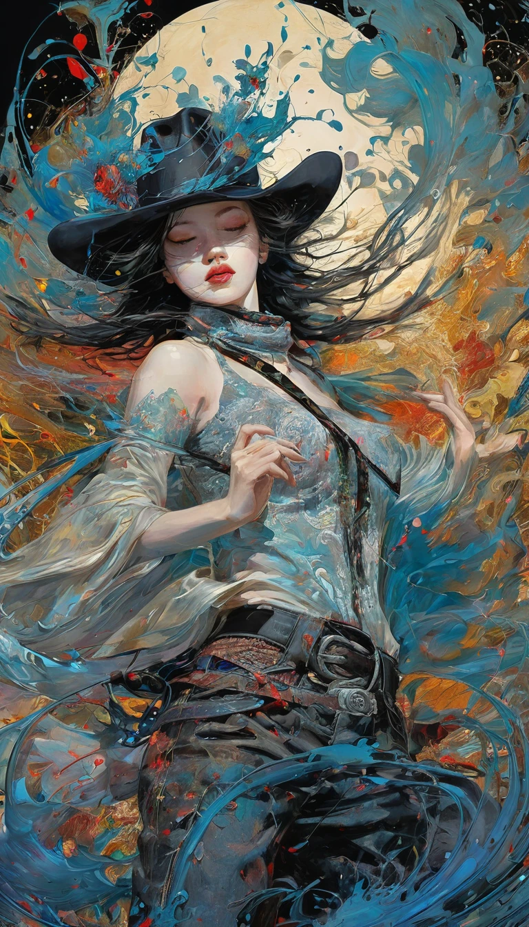 Abstract Expressionism Abstract Beauty,(Black transparent， Lace),(((Looking at the camera))),Nearly perfect,Dynamic,moonlight,Very detailed,number,Art Station,Concept Art,Smooth,Clear focus,illustration,Art work：carne griffiths 和 wadim kashin . Vibrant brushwork, Bold Colors, Abstract Form, Expressive, emotion, Official Art,Unity 8K wallpaper,Extremely detailed,beautiful and aesthetic,masterpiece,best quality,(zendispute, Mandala, dispute, endispute),(Fractal Art:1.3),1 Girl,(中等胸部Extremely detailed),((Cowboy shooting:1.5)),The most beautiful form of chaos,elegant,Barbarian design,Vibrant colors,,author：James Jean,Robbie Devi Antonio,Ross Chen,French Bacon,It was cold,Adrian Genius,Petra Corrette,Gerhard Richter,Takato Yamamoto,Ashley Wood,atmosphere,The ecstasy of notes,The flowing notes are clearly visible,
